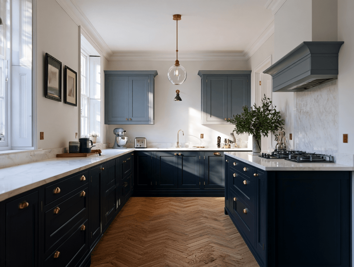 Two-tone blue kitchen cabinetry with brass handles, pale stone worktops and a herringbone timber floor