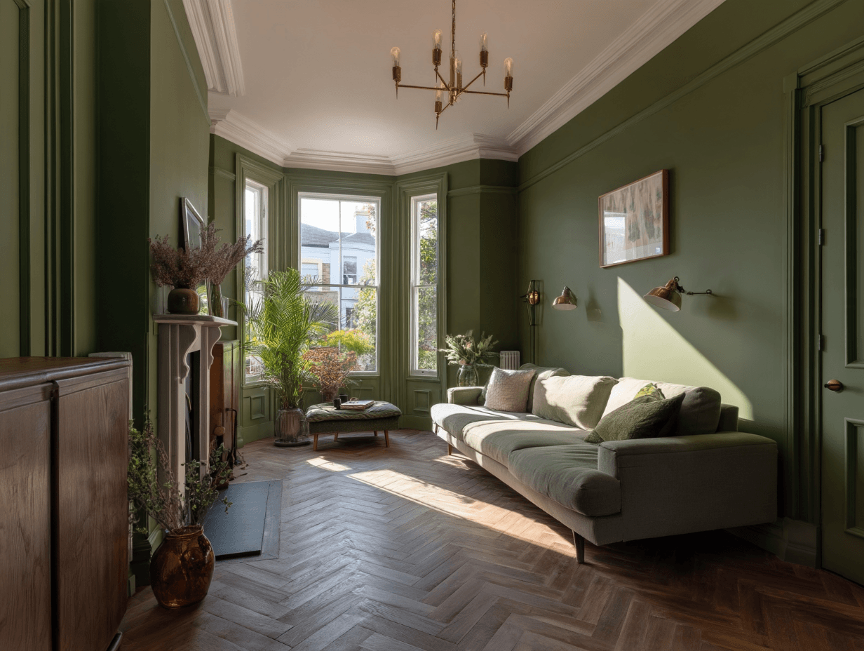 Olive green Victorian living room with decorative cornicing, bay windows and a timber parquet floor