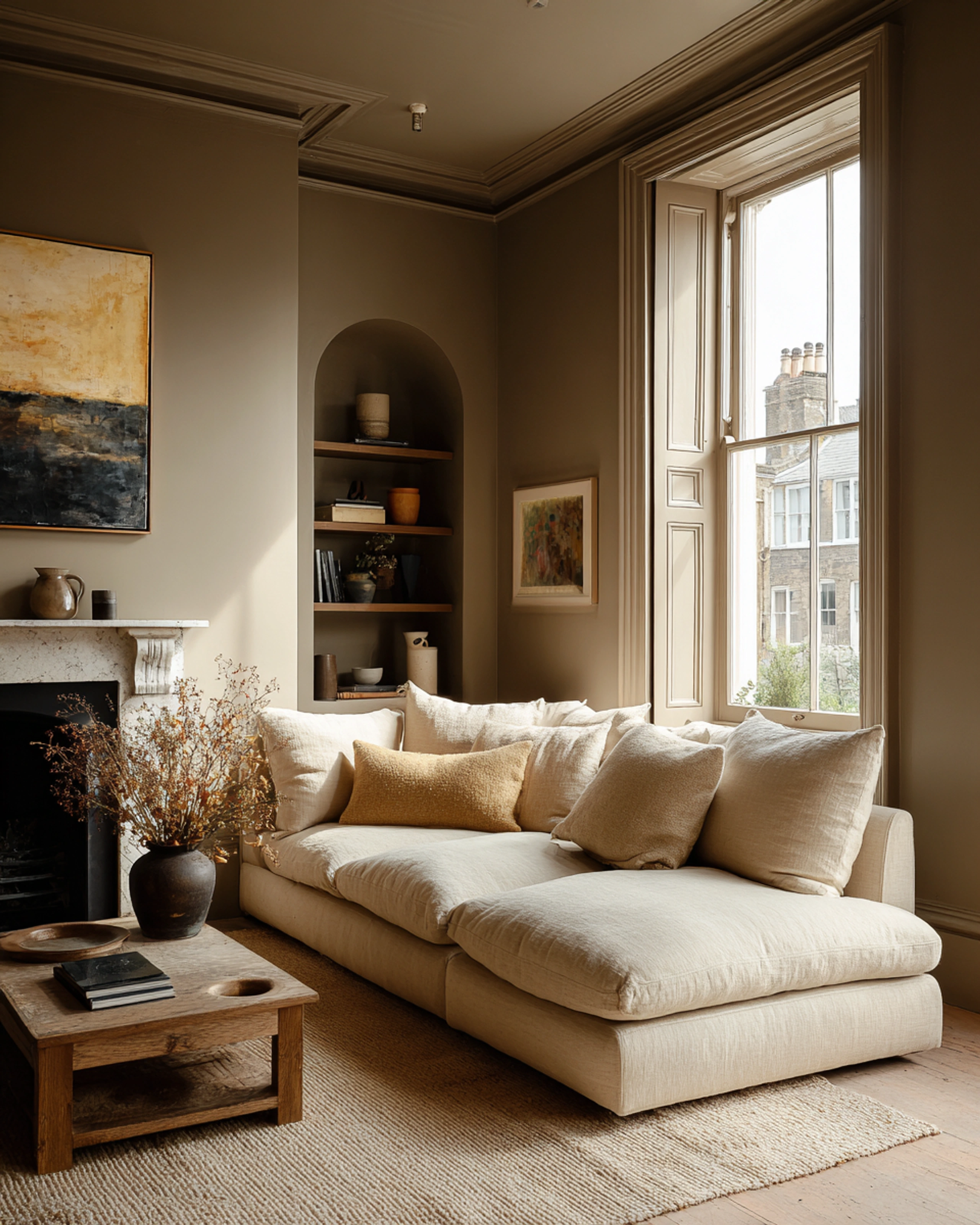 Warm neutral living room with decorative cornicing, a marble fireplace and tall sash window