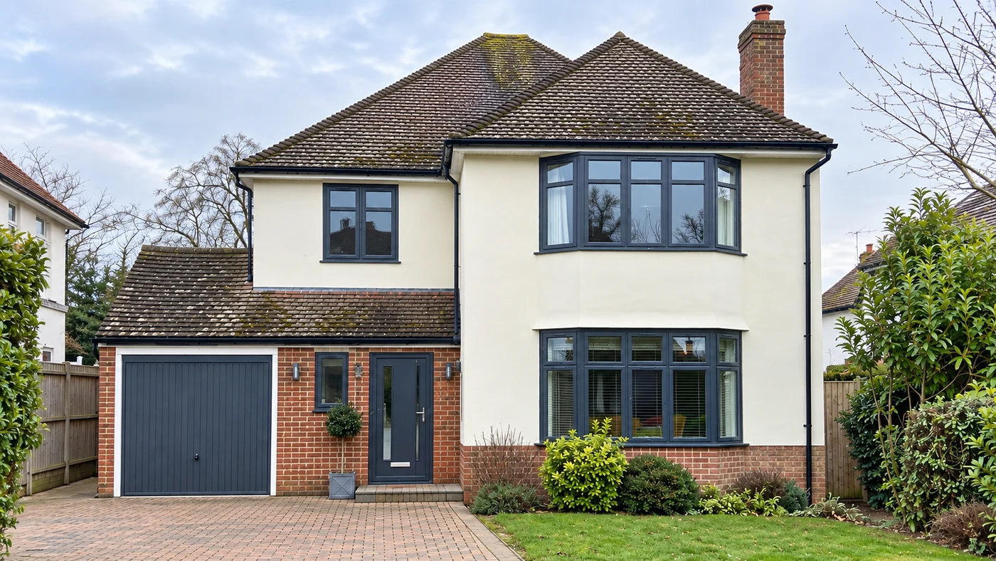 Illustrative full front of a detached house with anthracite windows, front door and garage door